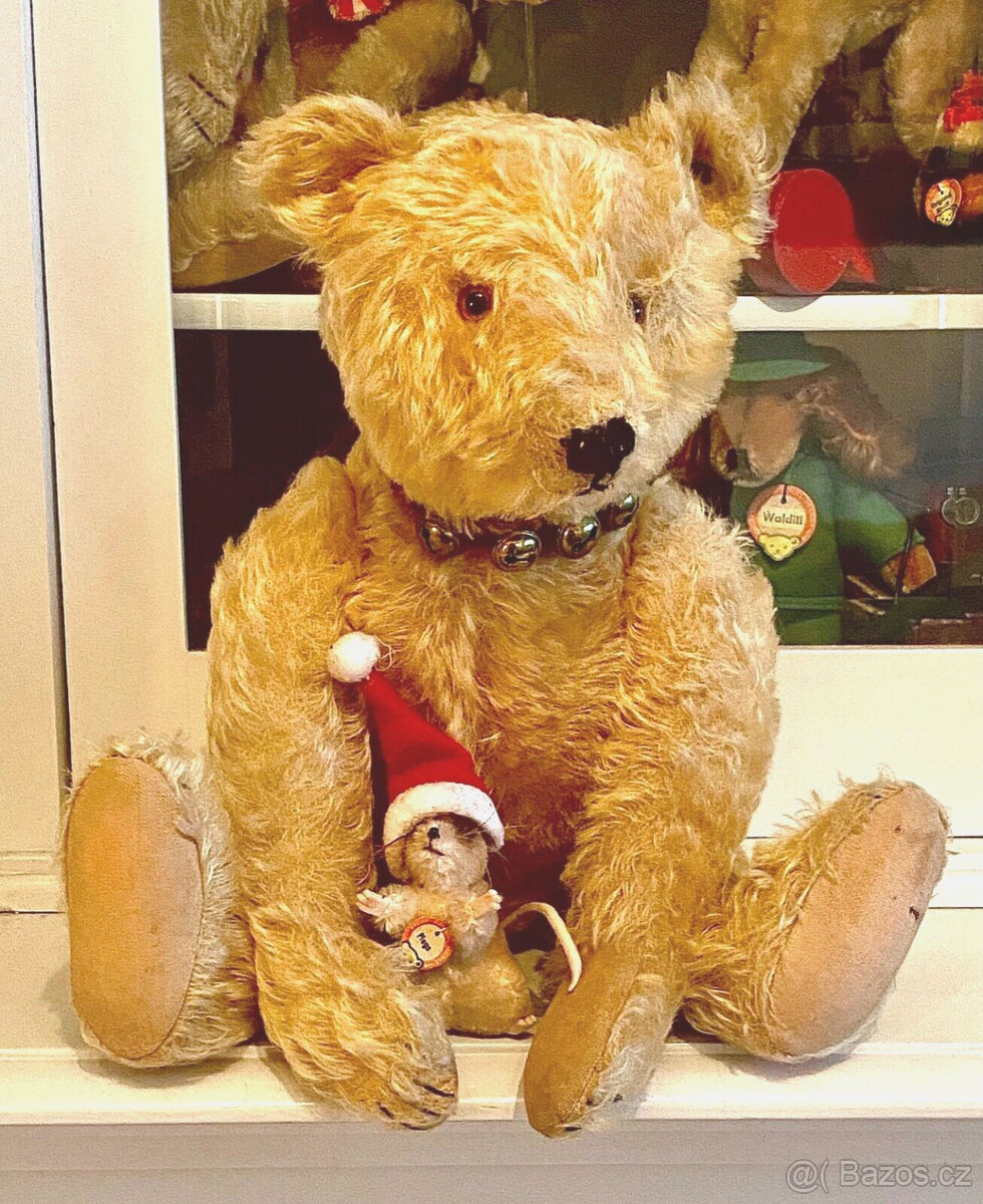 Starý plyšový medvídek Steiff s knoflíkem, výška 46 cm, 20.
