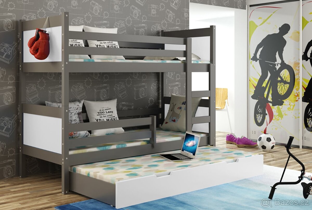 NOVÁ Patrová postel palanda MASIV borovice grafit 3x MATRACE