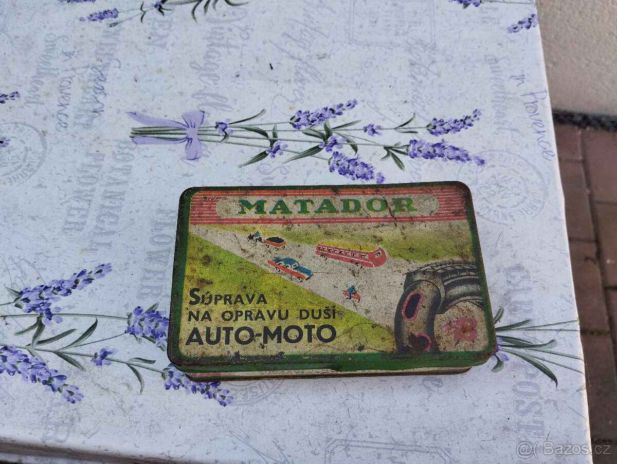 Plechová krabička Matador,Barum,auto veterán,moto Jawa,Čz