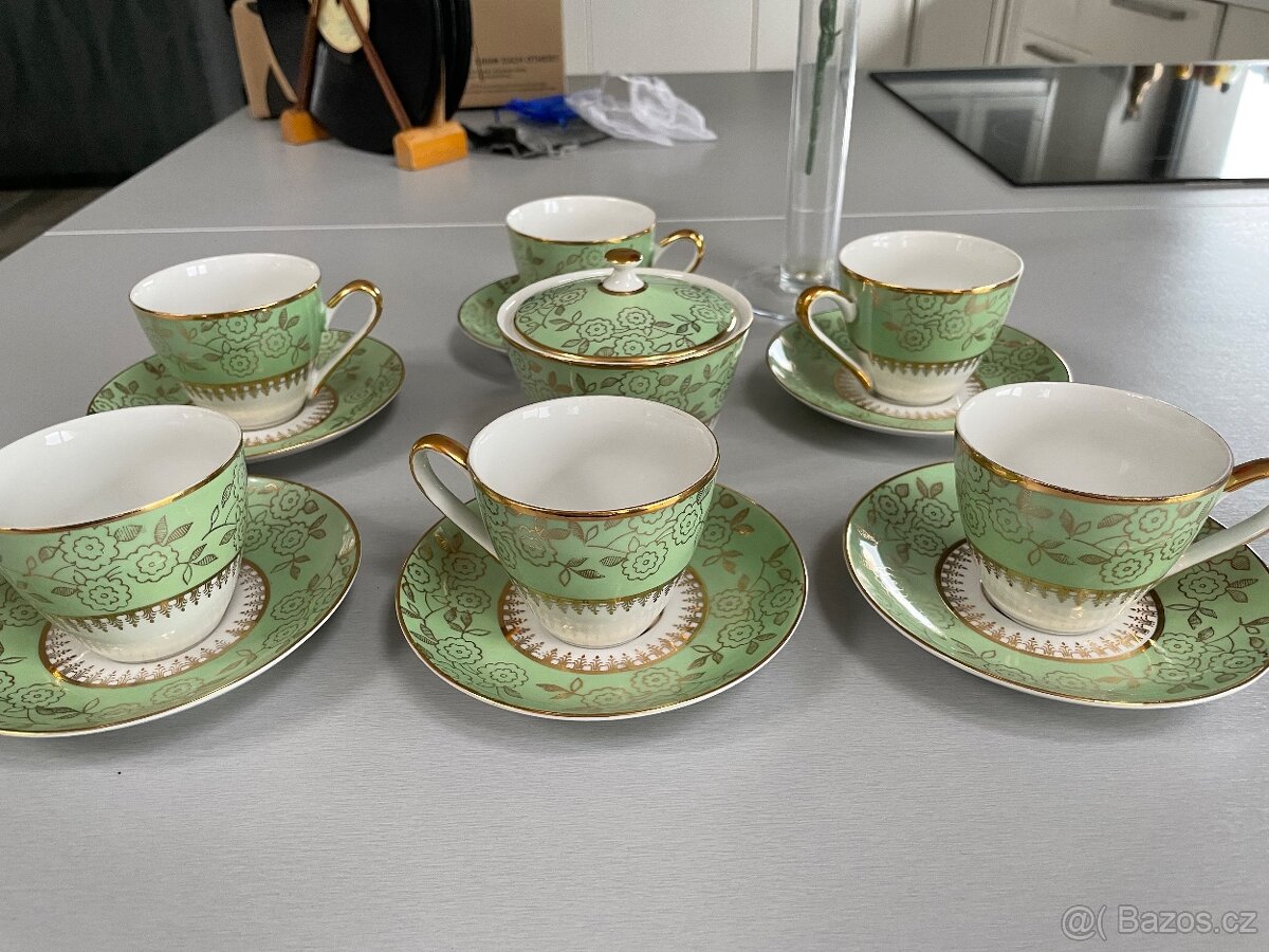 Kávová sada-zelenobílá se zlatým dekorem