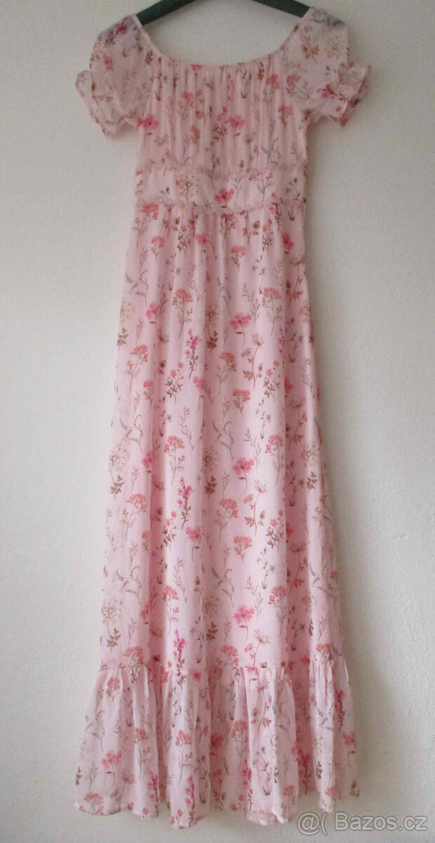 Dlouhé květované šaty růžové carmen Orsay S 36