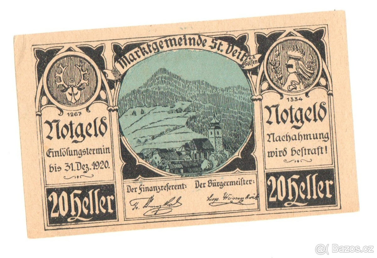 Nouzová bankovka 20 Heller, St. Veit an der Gölsen, 1920