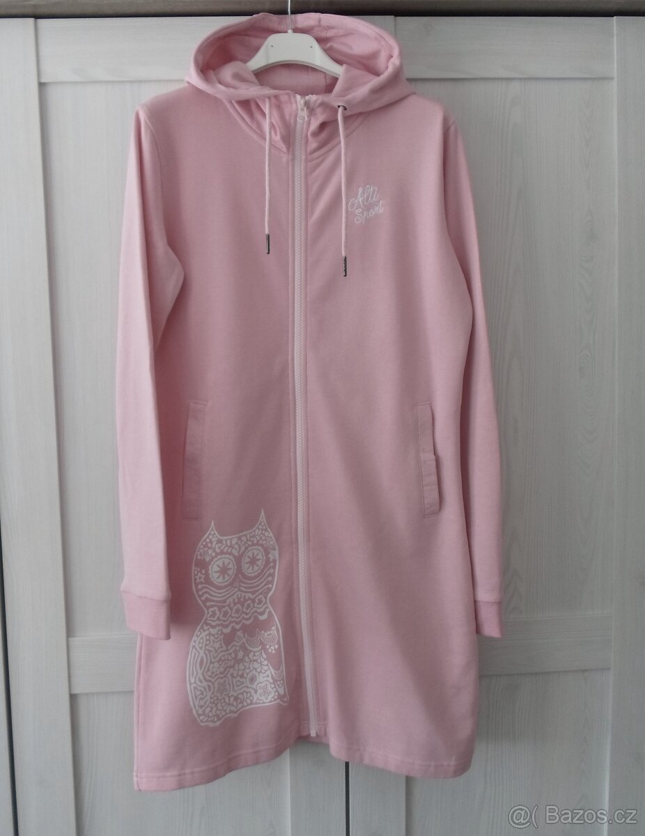 Růžová dlouhá mikina na zip s kapucí - XS, S
