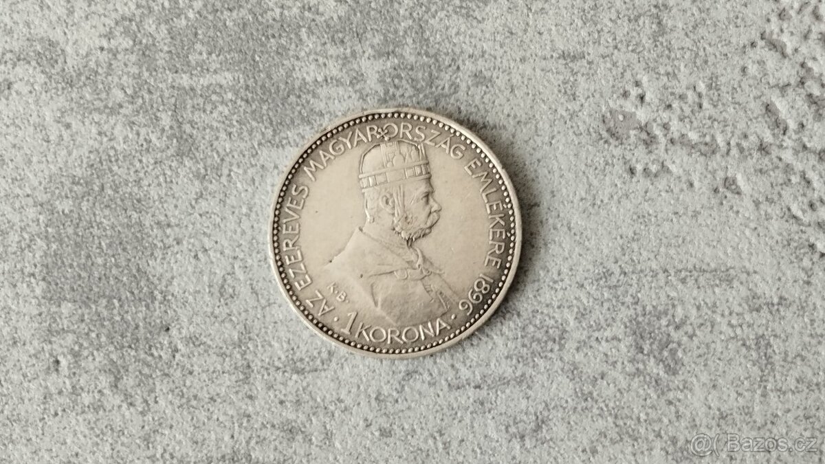 Stříbrná mince 1 koruna 1896 příchod Maďarů - AG střibro.