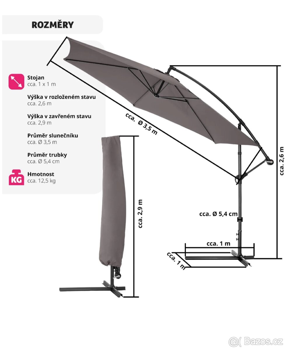 Šedý slunečník s boční nohou 350 cm, s obalem