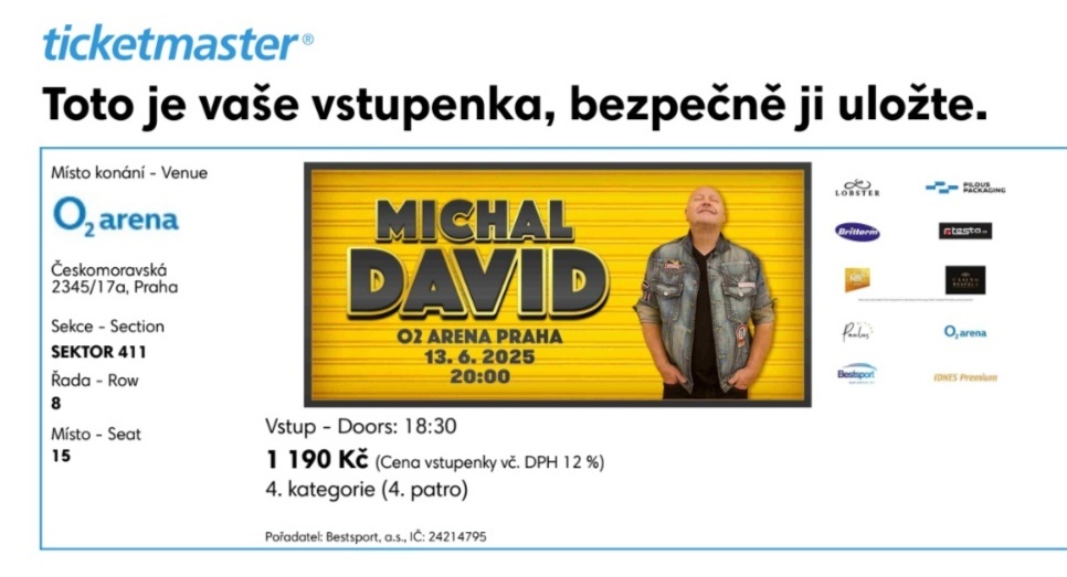 2× vstupenka na koncert Michala Davida v O2 aréně