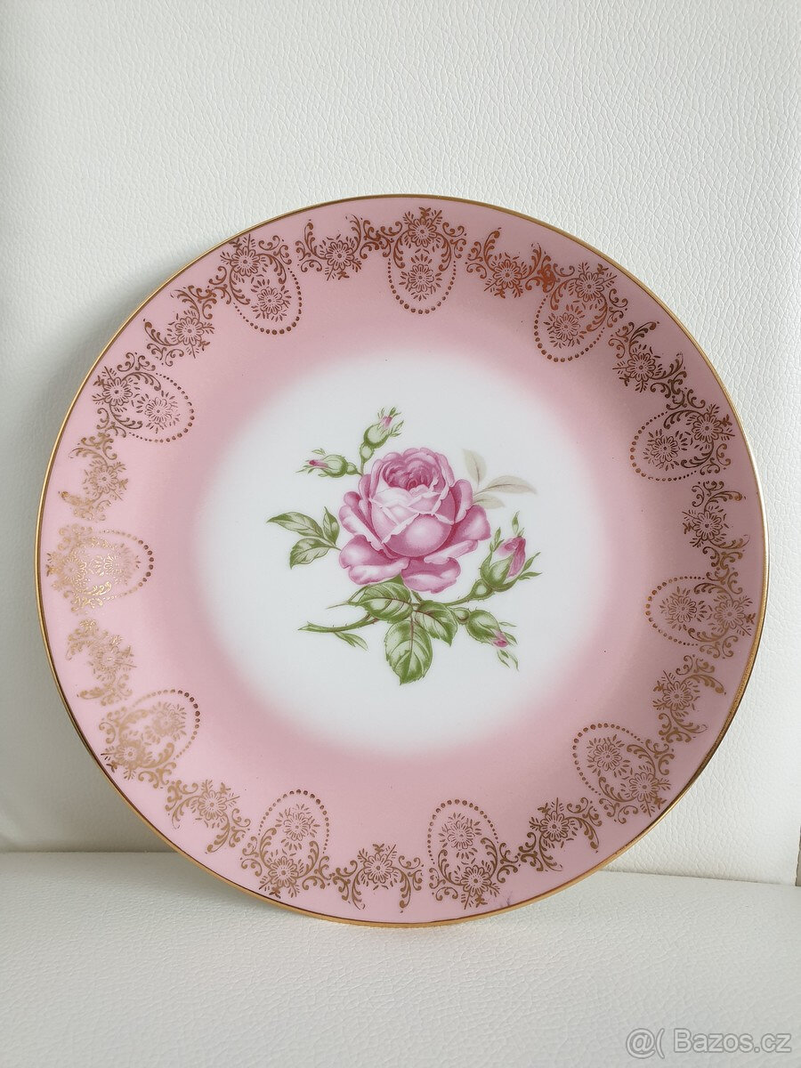 Porcelánový pozlacený růžový talíř růže růžička