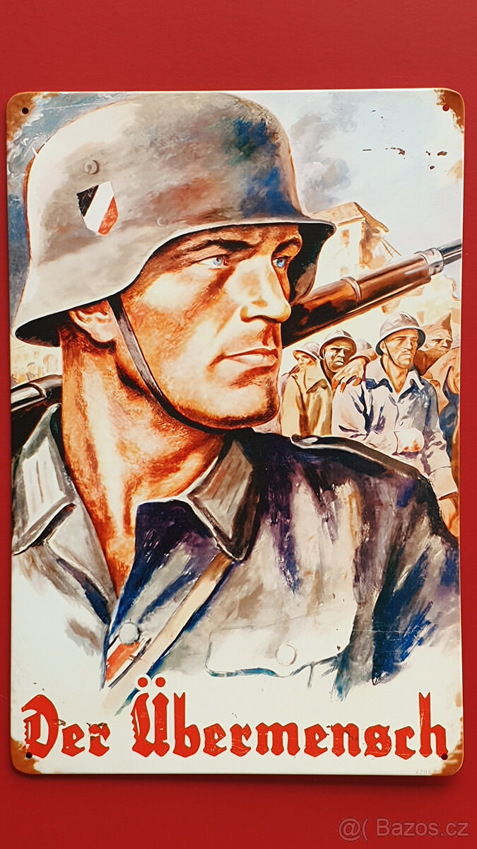 Plechová retro cedule – nadčlověk (20×30 cm)