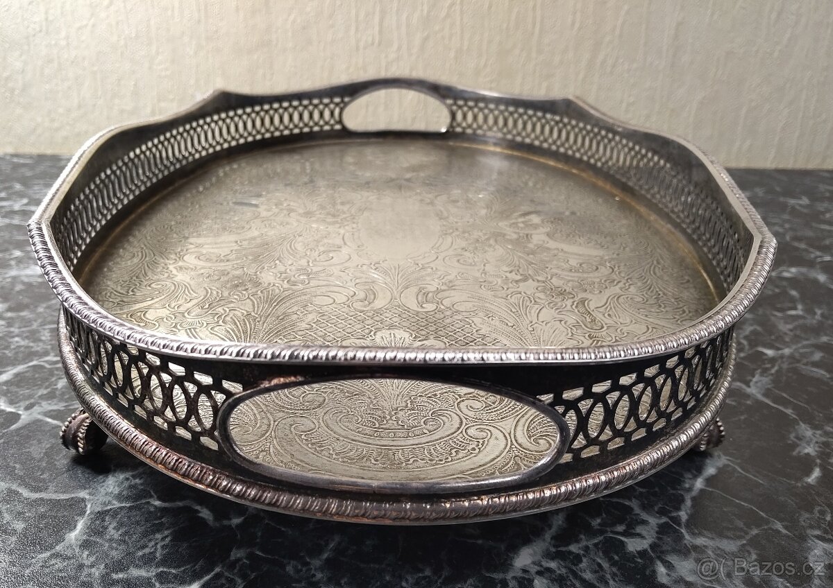 ALPAKA Starožitný okrasný oválný tác. 883g, 36cm x 24cm