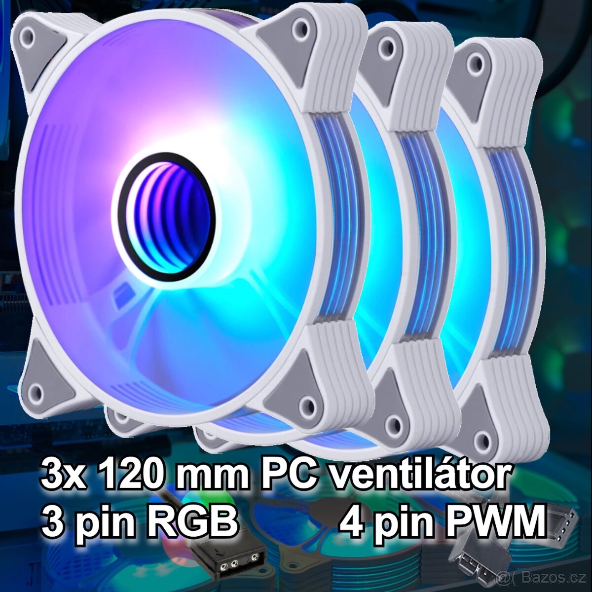 Bílý RGB PC větráček ventilátor 120mm 5V 3 pin aRGB, PWM 3x