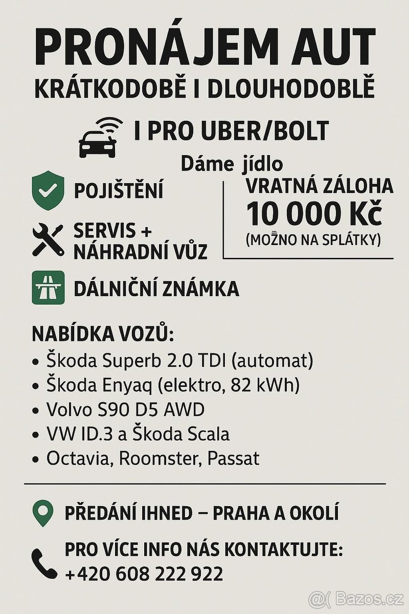 Pronájem auta – vhodné i pro Uber , Bolt , Dáme jídlo