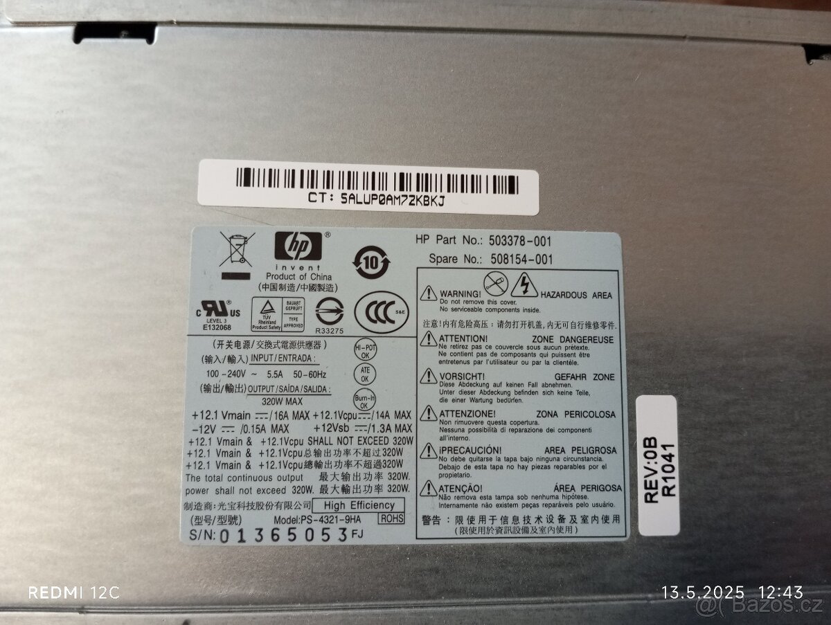 Zdroj 320W HP pro řadu 6000 6005 8000 8100 Z600 503378-001