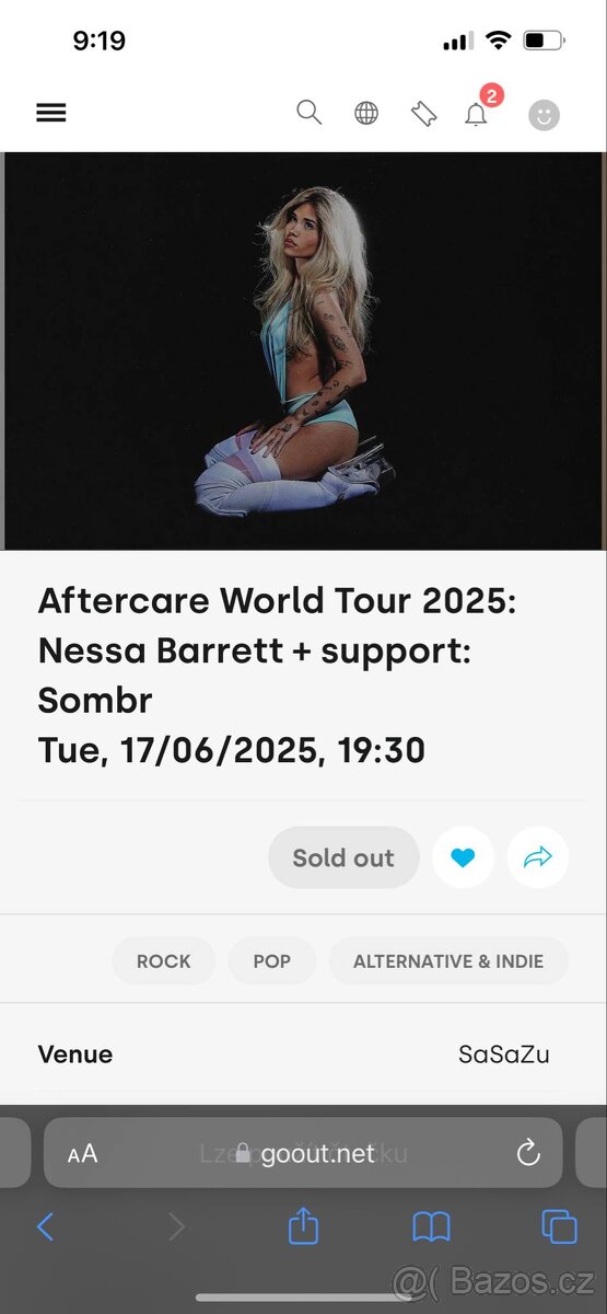 Prodám 2 lístky na Nessa Barrett + Sombr