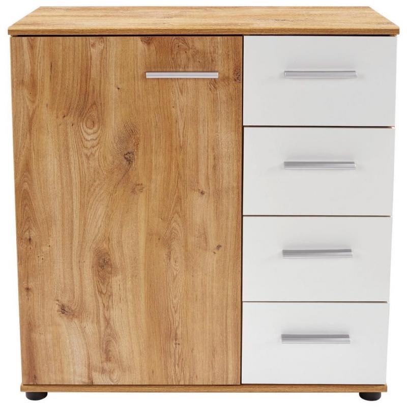 Komoda dvoubarevná bílá / dub, 4 šuplíky + 1 dvířka
