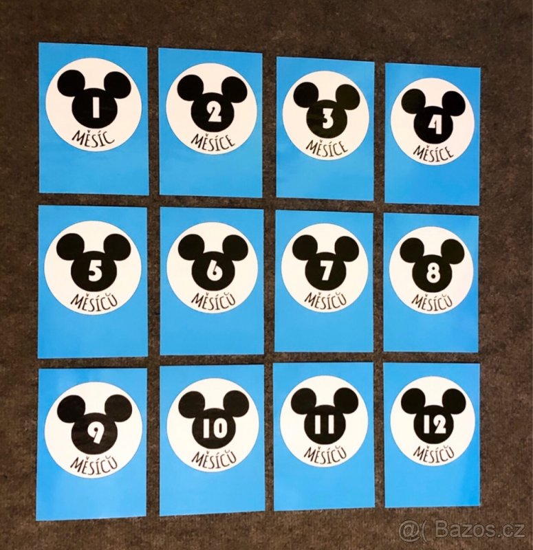 Milníkové kartičky - Mickey (modrá, růžová a žlutá sada)