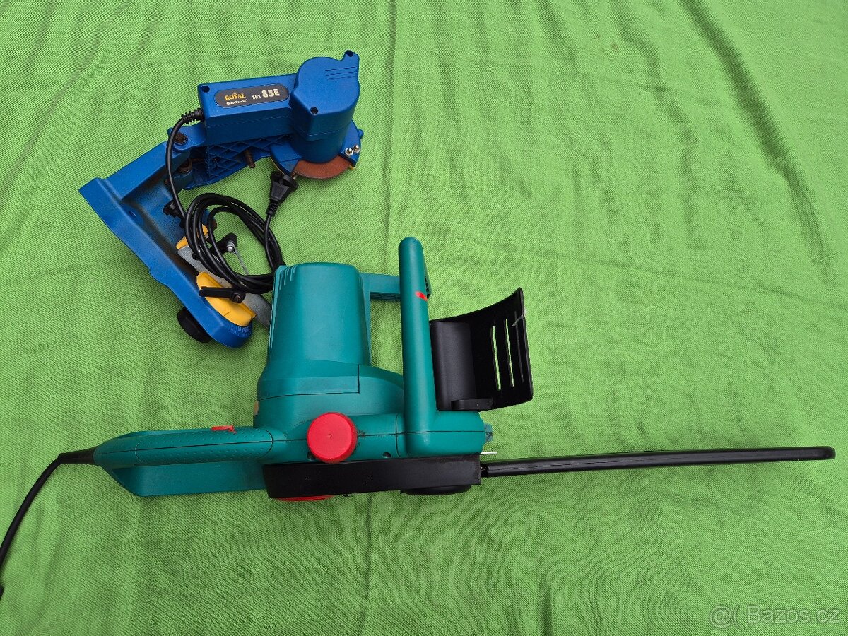 Řetězová pila Bosch + bruska na řetězy, nůžky Fiskars