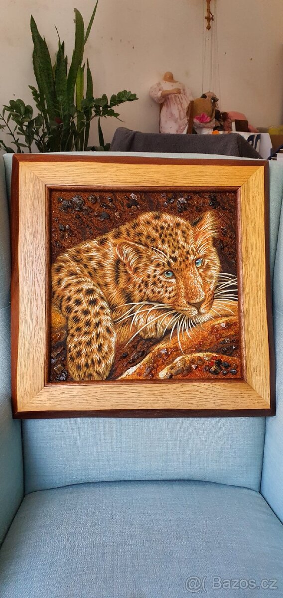 Jantarový obraz s motivem leoparda-ruční práce