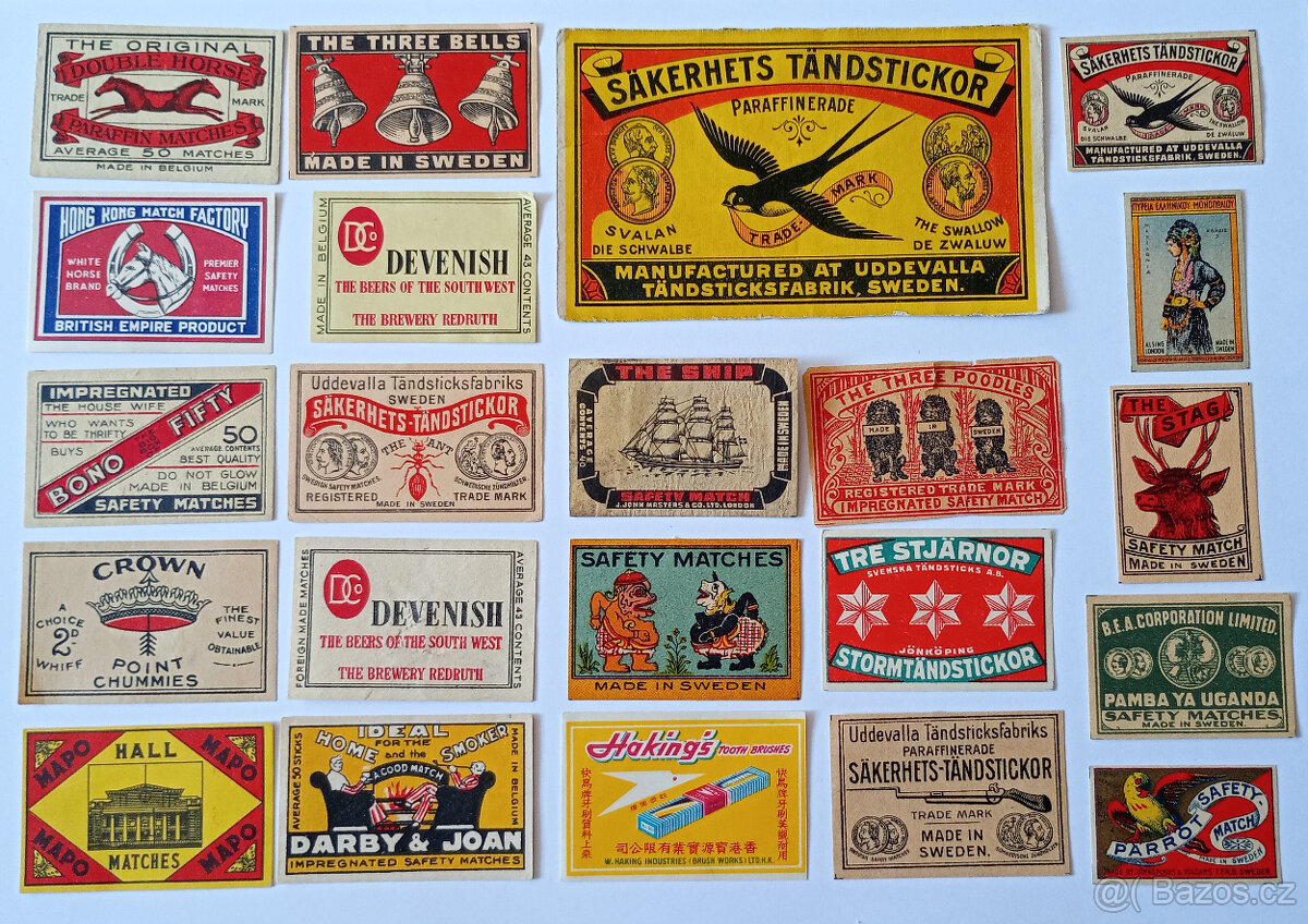 Starší zápalkové nálepky Švédsko – 425 ks, zachovalé