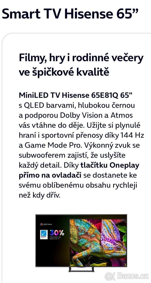 Nerozbalená Smart TV Hisense 65 palců
