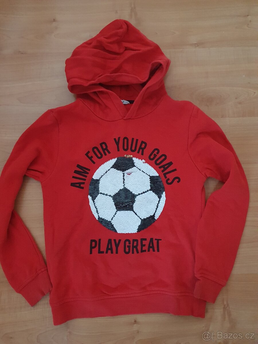 Mikina červená 134/140 H&M s kapucí