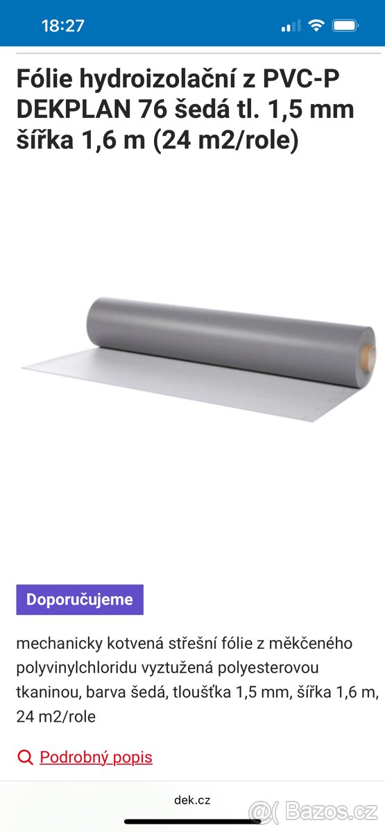 HYDROIZOLACE STŘEŠNÍ Dekaplan 1,5 mm SLEVA, 25.000,-Kč