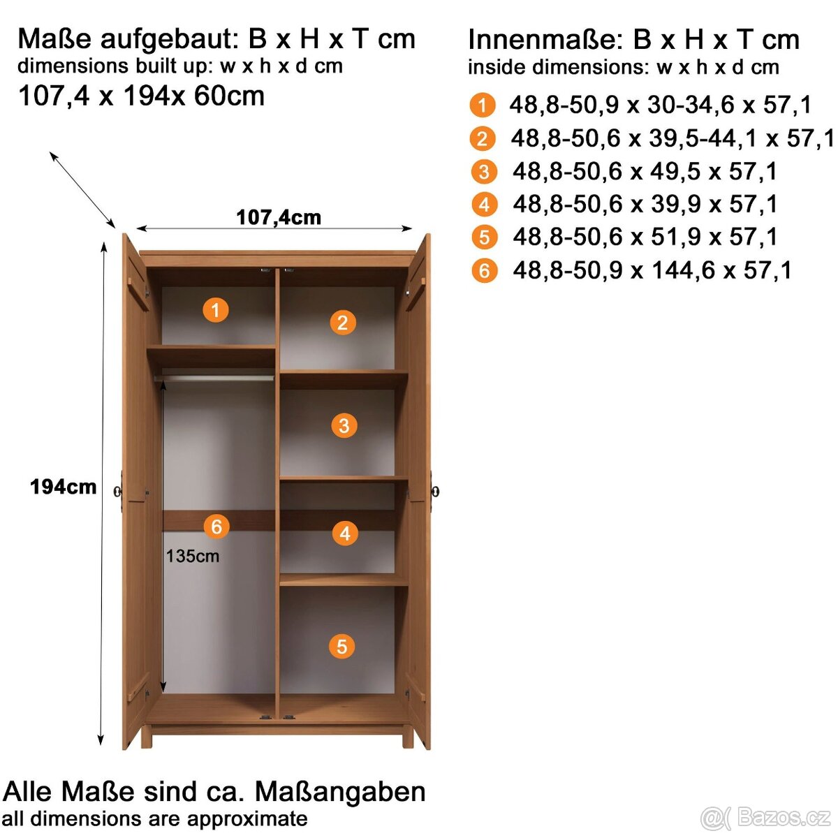 Nová šatní skříň z borovice, přírodní a bílá barva - 10