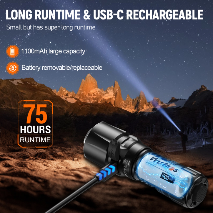 svítilna EDC Wurkkos TD07 1300 L, USB,LED,1100mAh ,479 metrů - 10