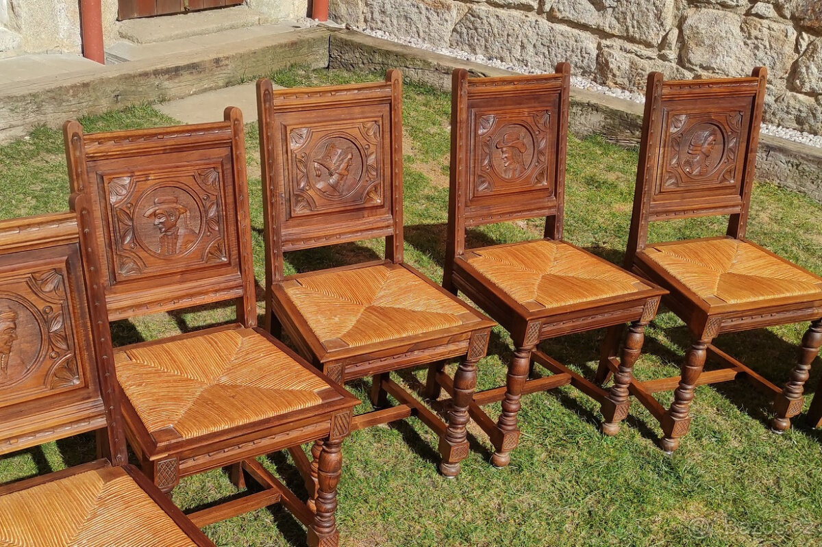 Starožitný dubový rozkládací stůl a 6 židlí - 10