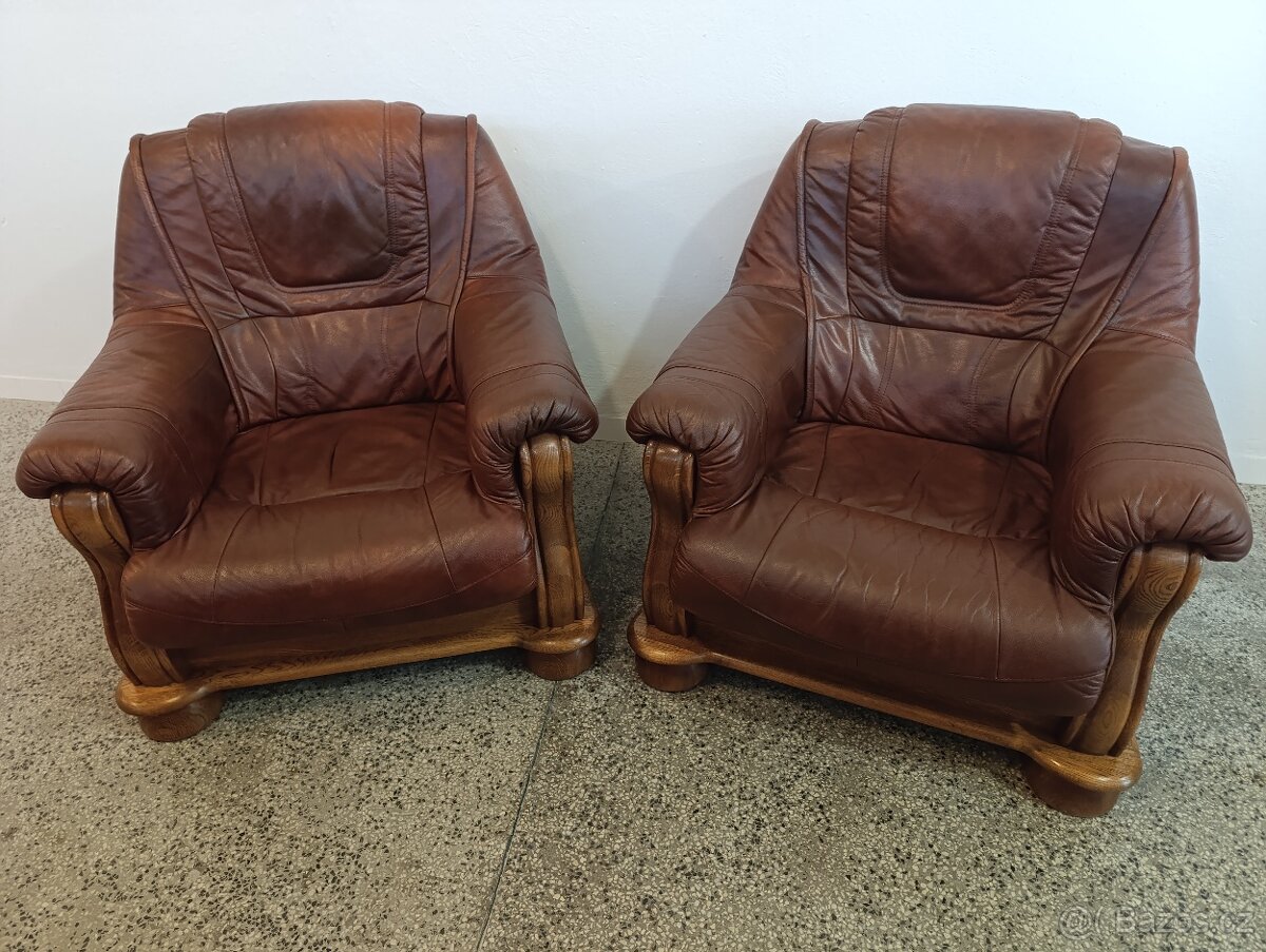 Rustikální kožené křesla, 2 ks, dohromady i zvlášť, masív - 10