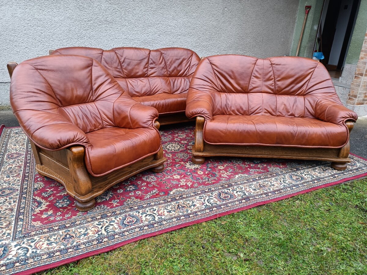 XXL Rustikální kožená sedací souprava 3 - 2 - 1, stolek - 10