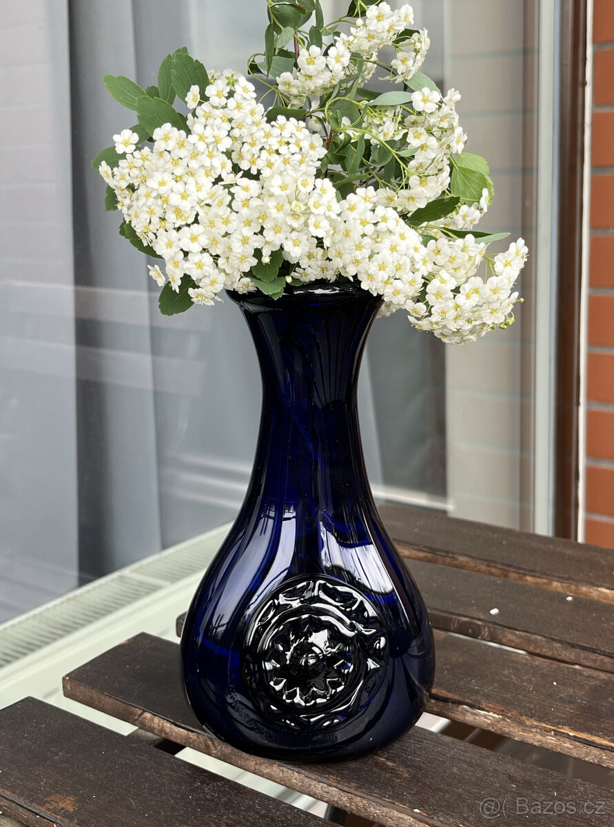 Váza s nálepy 20 cm, kobaltové sklo, ruční výroba - 10