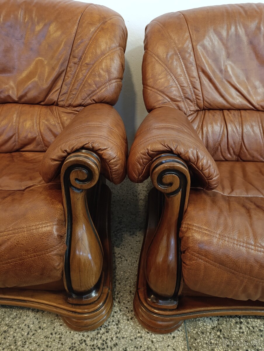 Kožená sedací souprava 3 + 2 + 1, nábytek z masívu - 10