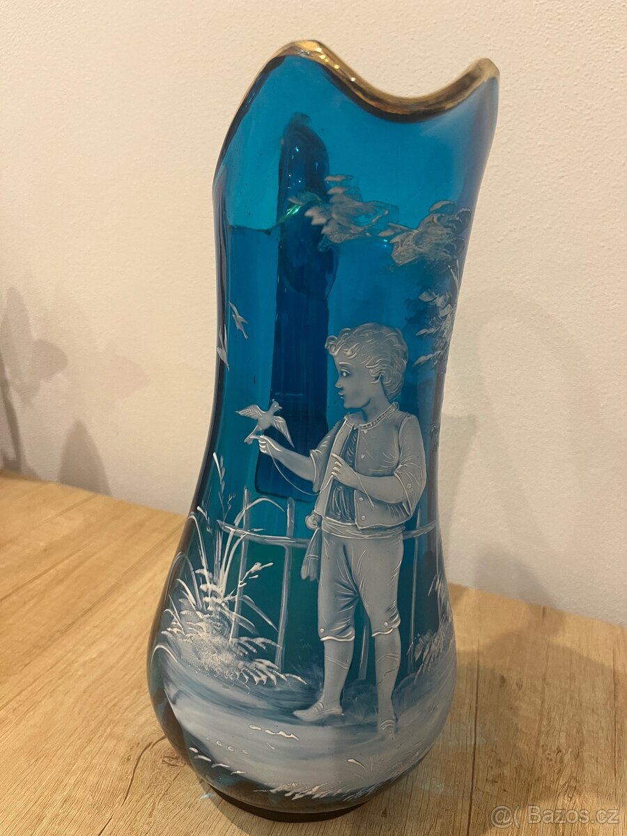 Starožitný modrý džbán s ruční malbou - 10