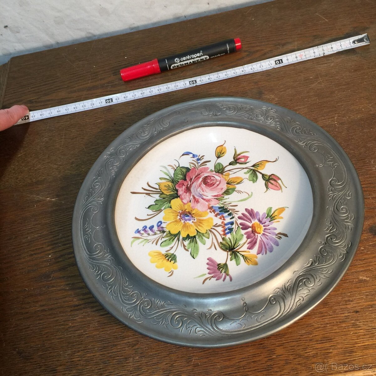 cínový talíř majolika a masivní montáž cín punc anděl - 10