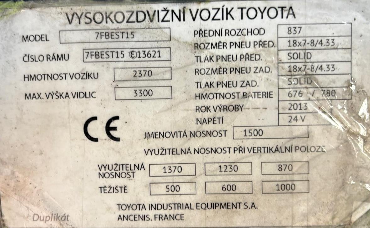3-kolový vysokozdvižný vozík Toyota, 1500 kg, 3,3 m - 10