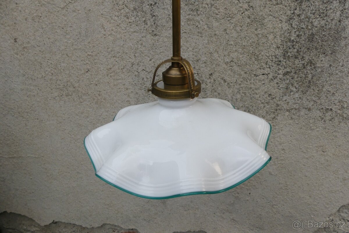 Starožitný lustr, stropnice , zelená linka, mosaz sklo - 10