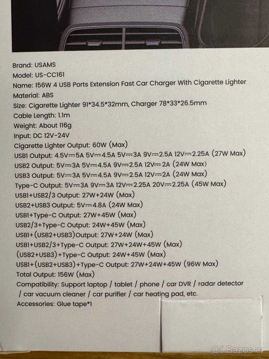 Značková nabíječka do auta 156W, 3x USB + USB-C + CL, NOVÁ - 10