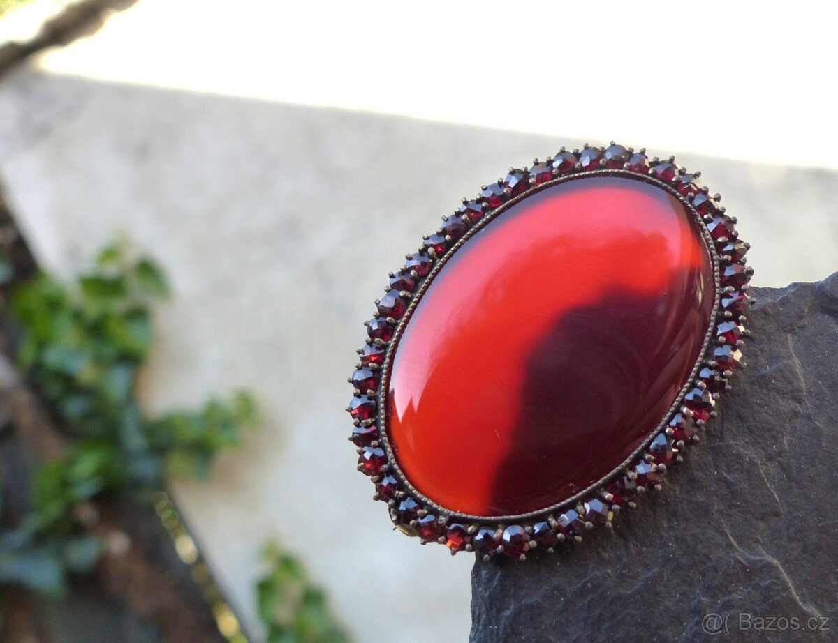 Šperky české granáty, koliér, brože, jehlice, stříbro tombak - 10