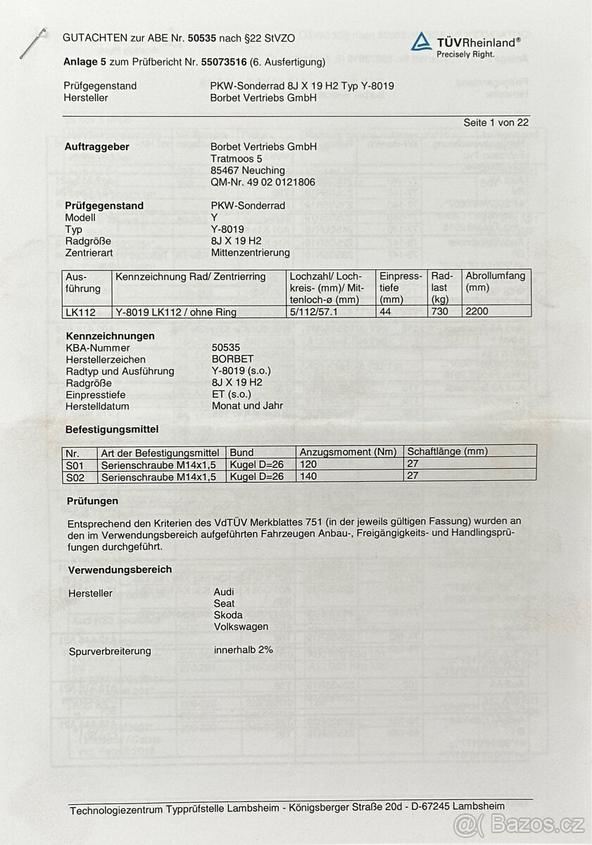 Alu Originál Borbet 19” 235/40/R19 - 10