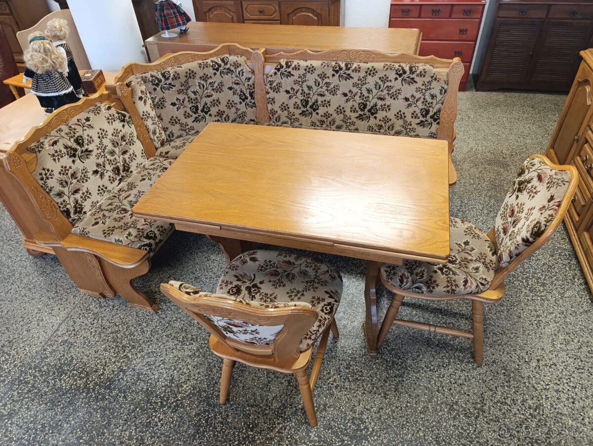 Rustikální jídelní set, stůl, 2 židle, lavice, masív - 10