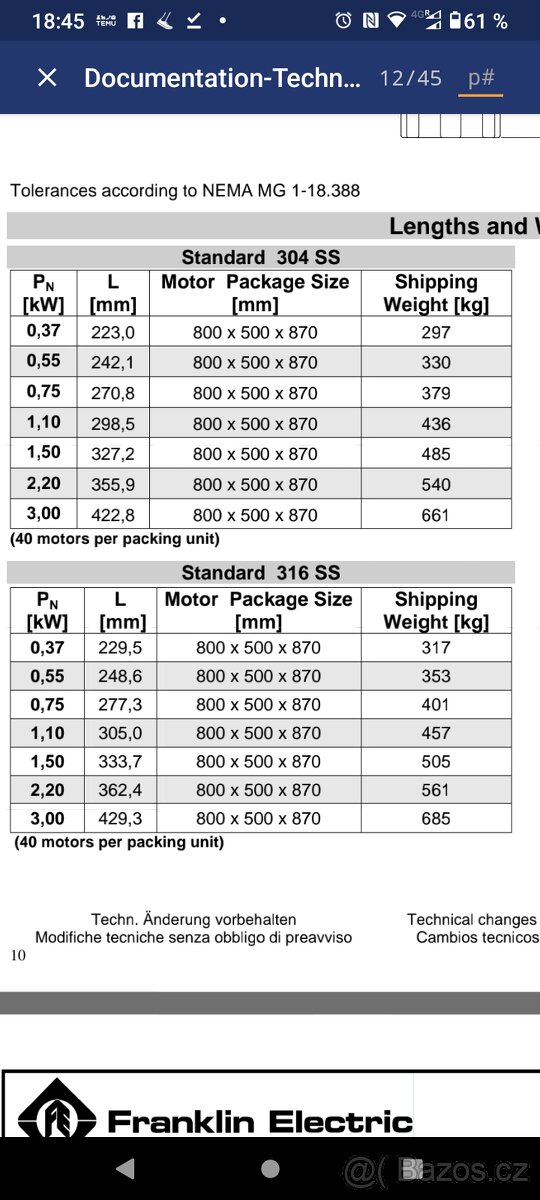Prodám ponorné čerpadlo Franklin Electric Typ 234 562 3016 - 10