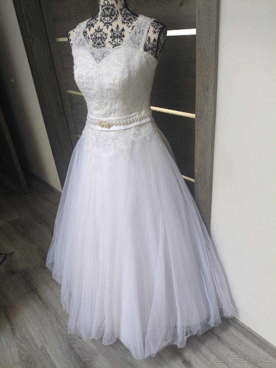 Krajkovo-tylové svatební šaty 36/38/40 - 10