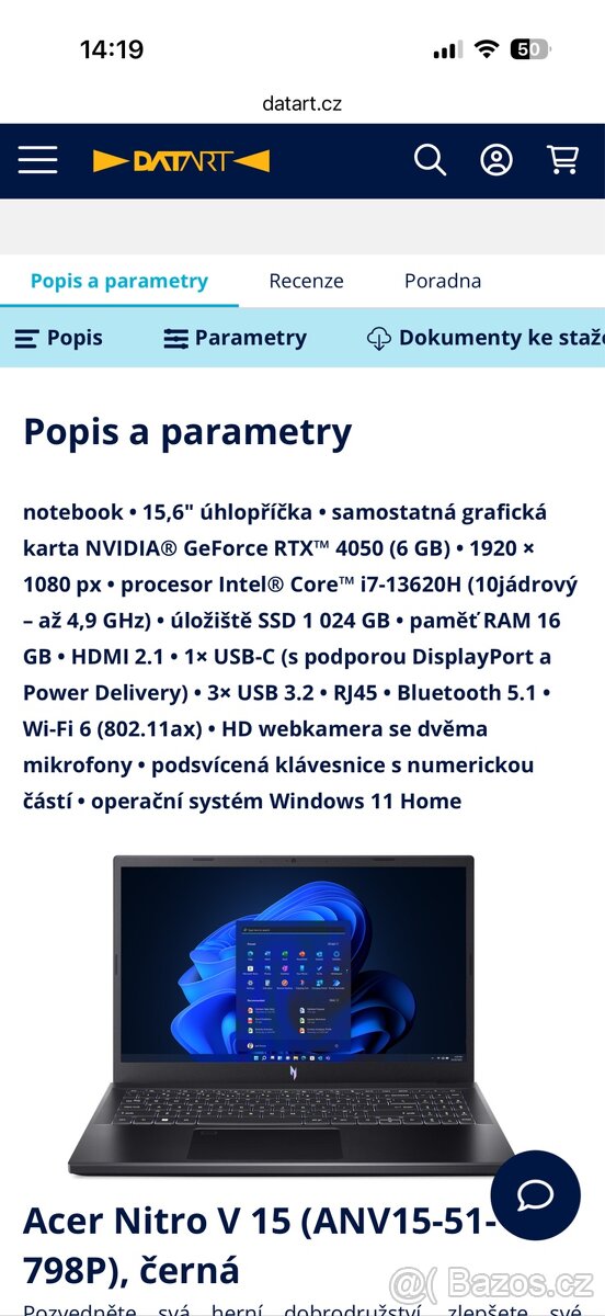 Herní notebook Acer Nitro V15, 16GB RAM, i7 - 10
