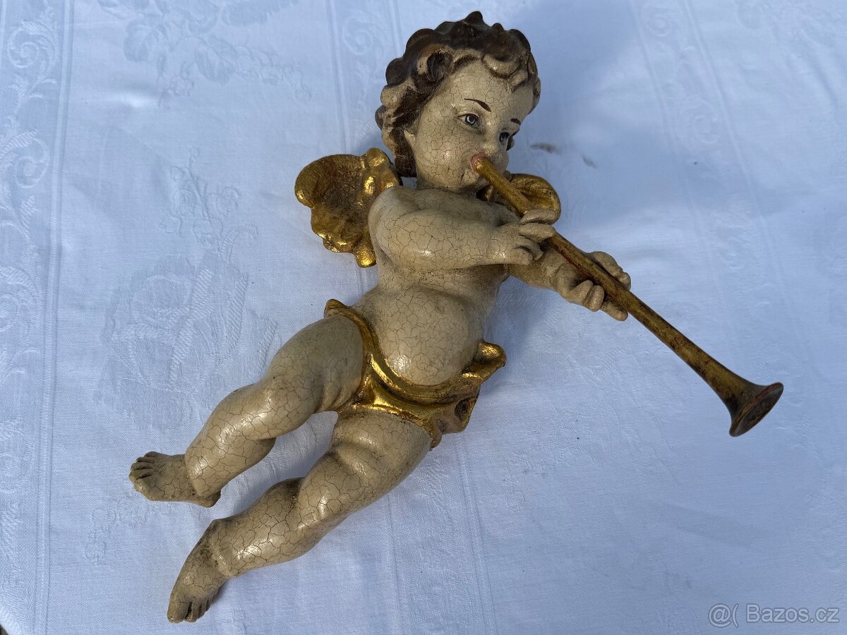 Dřevěná XXL socha anděla v páru polychromie 31cm - 10