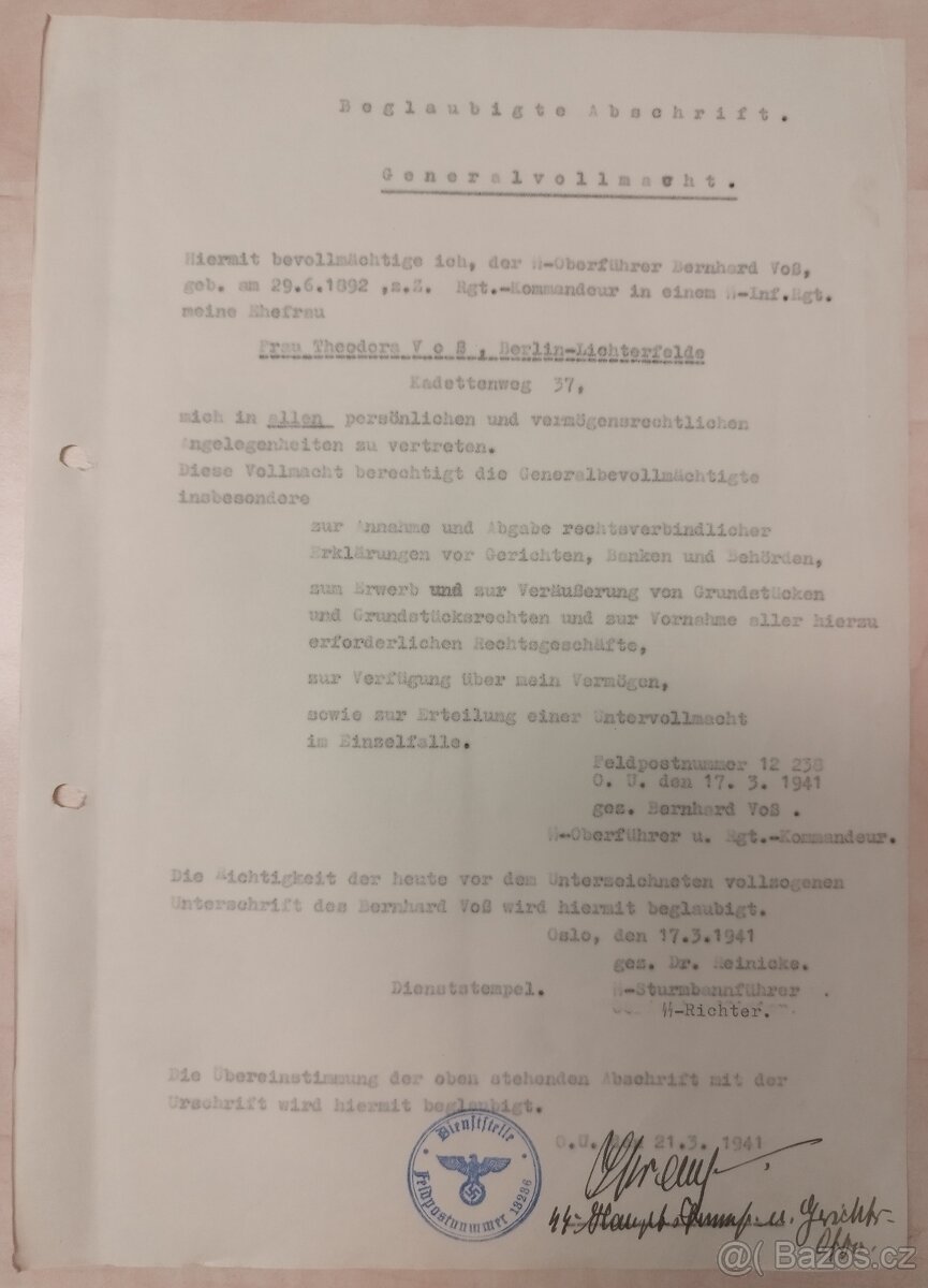 DOKUMENTY PO GENERÁL SS BERNHARD VOSS 1 - 10