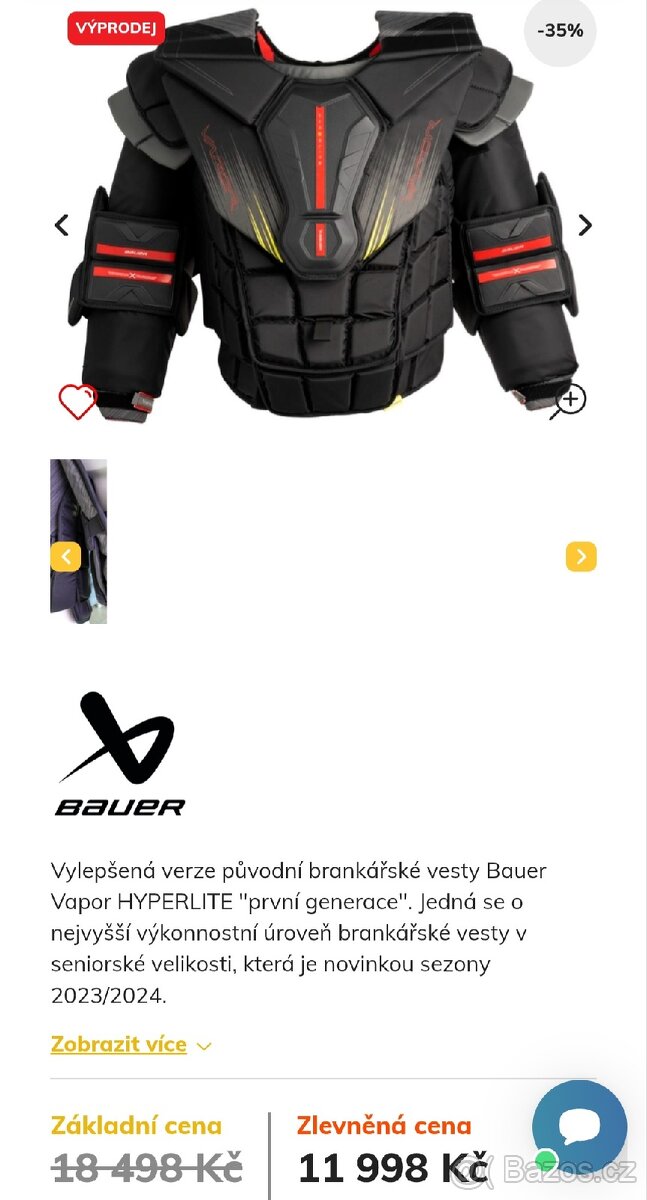 Brankářská vesta BAUER S21 HYPERLITE Vapor PRO SR - 10