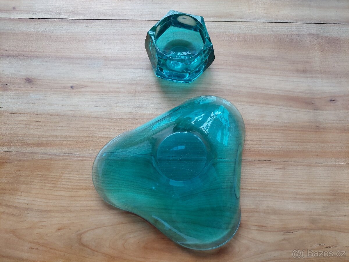 Luxusní skleněná antik váza + mísa + popelník zelené sklo - 10