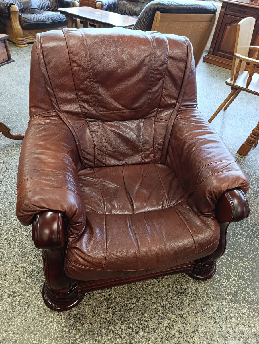 Rozkládací kožená sedací souprava, nábytek z masívu - 10