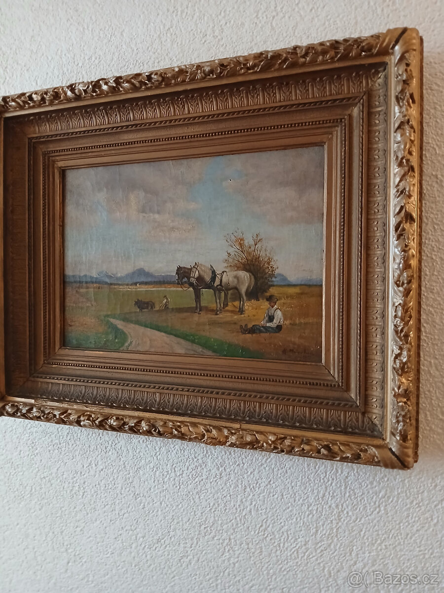 Starožitný obraz signovaný rok 1900 ze zadu štítek malíře. - 10