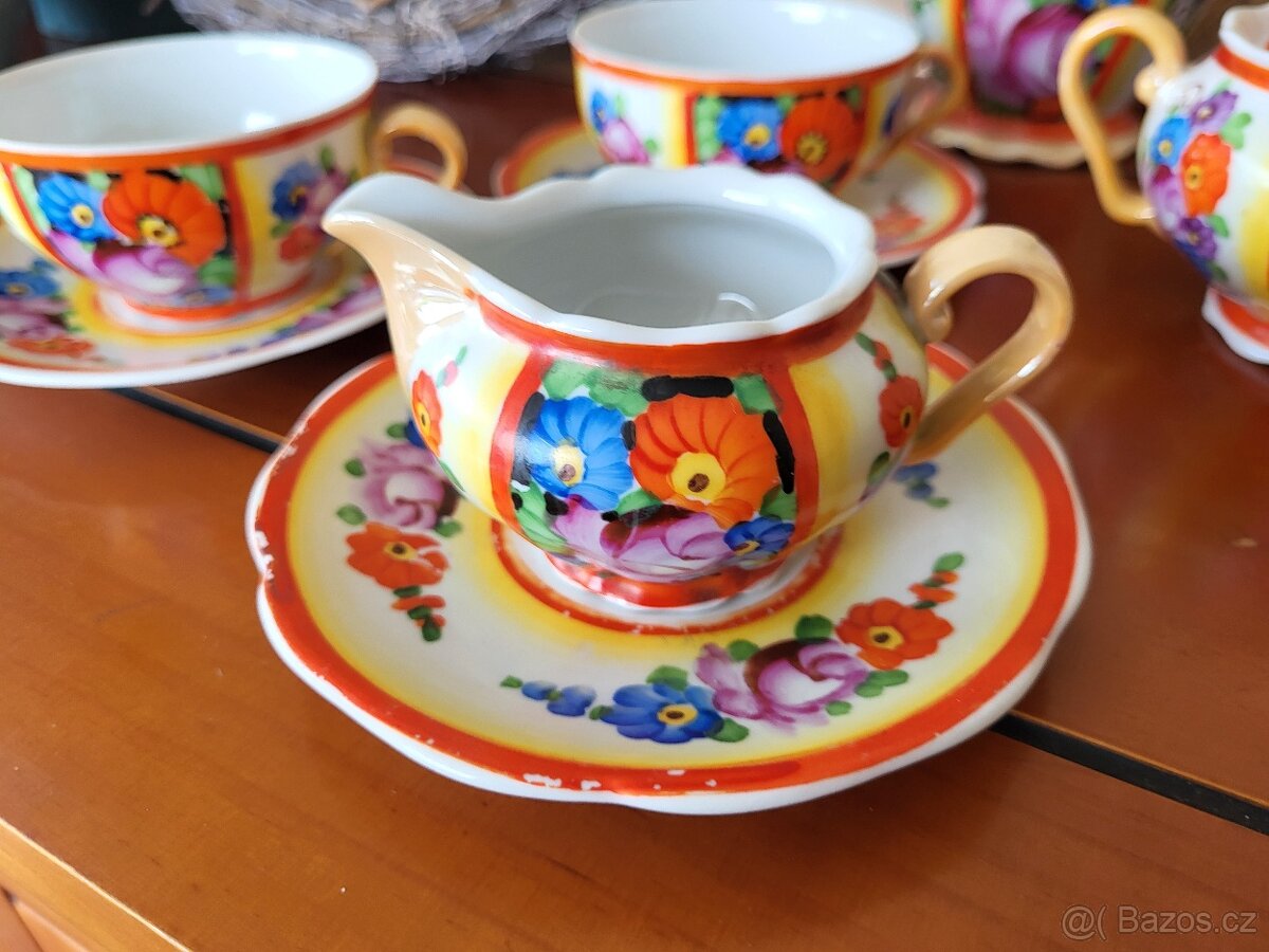 STAROŽITNÁ KOVOVÁ SOUPRAVA ART DECO- RUČNĚ MALOVANÁ - 10